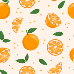 Orange seamless pattern. Whole, half and slices of ripe oranges with green leaves on pastel background. Summer fruits theme wallpaper.
