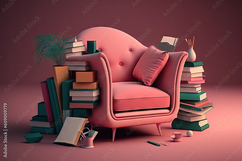 Canvas Prints a pink armchair surrounded by a variety of books, all with different covers and titles, created with generative ai