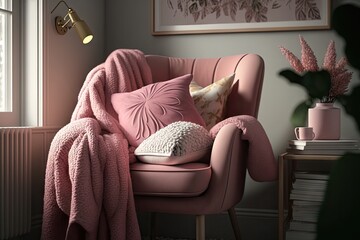 pink armchair with throw pillow and blanket for cozy reading nook, created with generative ai