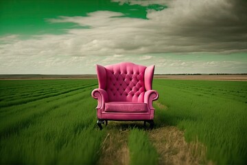 a pink armchair in the middle of a green field, created with generative ai