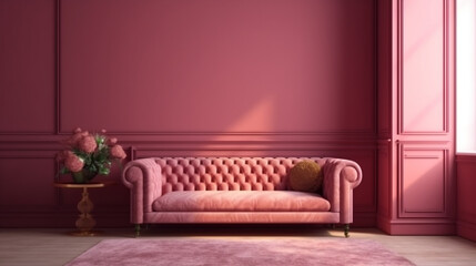 A pink couch in a living room with a wall behind it.generative ai