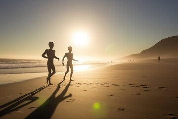 Fototapeta na wymiar alien athletes jogging on sun-drenched beach, created with generative ai