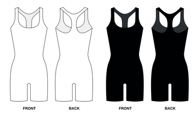 Collection of vector drawings of sports tights in black and white. Jersey tracksuit template, front and back view. Sketch of suit for fitness, gym, wrestling, diving, athletics
