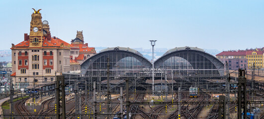 Panorama of the Main Railway Station in Prague. Passenger transportation, trail station and the railroads in Praha, touristic hub of Europe.