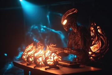 alien musician performing with light and flame show, creating a unique and mesmerizing experience, created with generative ai