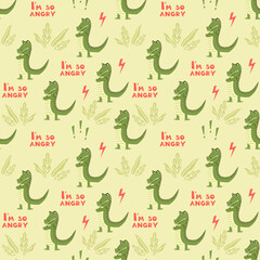 Vector childish seamless pattern with angry crocodiles on a light green background. Ideal for baby clothes, textiles, wallpaper, wrapping paper.