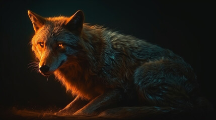 A wolf with a glowing face sits on a black background.generative ai