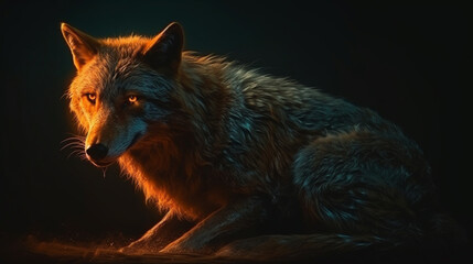 Fototapeta premium A wolf with a glowing face sits on a black background.generative ai