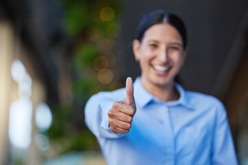 Thumbs up, portrait and business woman for outdoor success, like and okay or support, vote and...