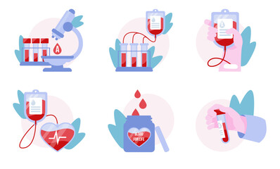 A set of illustrations on the topic of blood donation. Donate blood, save a life. June 14th. Blood type. World Blood Donor Day. Vector illustration
