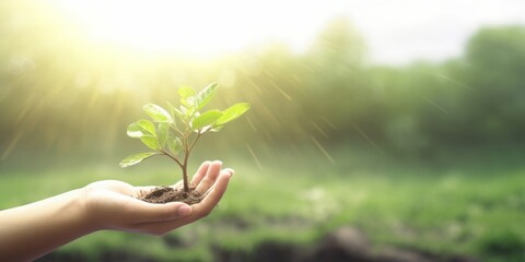 hands holding  tree over blurred nature background, Generative AI