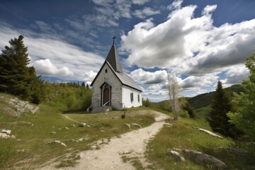 Fototapeta na wymiar serene mountain chapel with clear blue skies and fluffy clouds overhead, created with generative ai