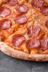 Tasty fresh pizza with salami, cheese, tomatoes, spices and salt