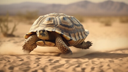 A turtle in the desert with dust flying around it.generative ai