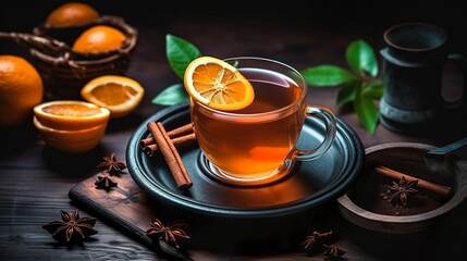 Obraz na płótnie Canvas Cup of tea with lemon and cinnamon, Generative AI
