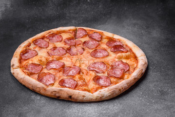 Tasty fresh pizza with salami, cheese, tomatoes, spices and salt