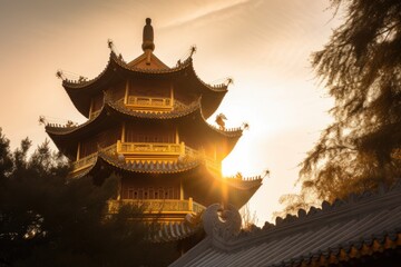 Fototapeta na wymiar reflection of the shining sun on the gold roof of china pagoda, created with generative ai