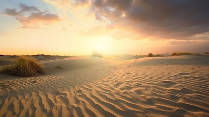 Global warming concept： sand dunes under dramatic evening sunset sky at drought desert landscape, Generative AI