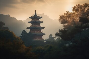 peaceful china pagoda in a misty morning with the sun peeking through the clouds, created with generative ai