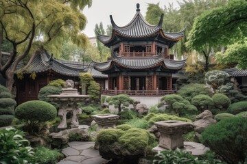 Fototapeta na wymiar peaceful garden surrounded by the towering walls of a chinese pagoda, created with generative ai