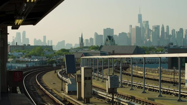 New York City Subway Trains Entering And Leaving Elevated Station In Brooklyn