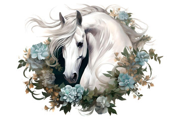 Obraz na płótnie Canvas White beautiful horse surrounded by blue flowers and green leaves, post card. Illustration on white background.