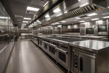 Fototapeta na wymiar modern commercial kitchen, with sleek ovens and ranges paired with other high-tech cooking equipment, created with generative ai