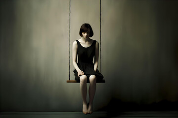 The unbearable lightness of being. Symbolic illustration. Young, dark-haired woman sitting on a swing, in front of a wall