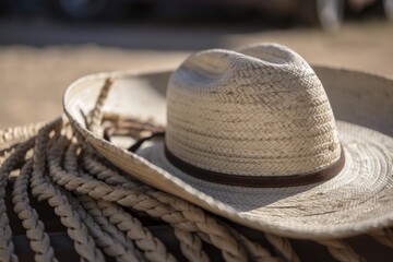 close-up of cowboy hat, with rope and buckle in the foreground, created with generative ai