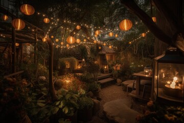 Obraz premium a magical garden, illuminated by fairy lights and lanterns, created with generative ai