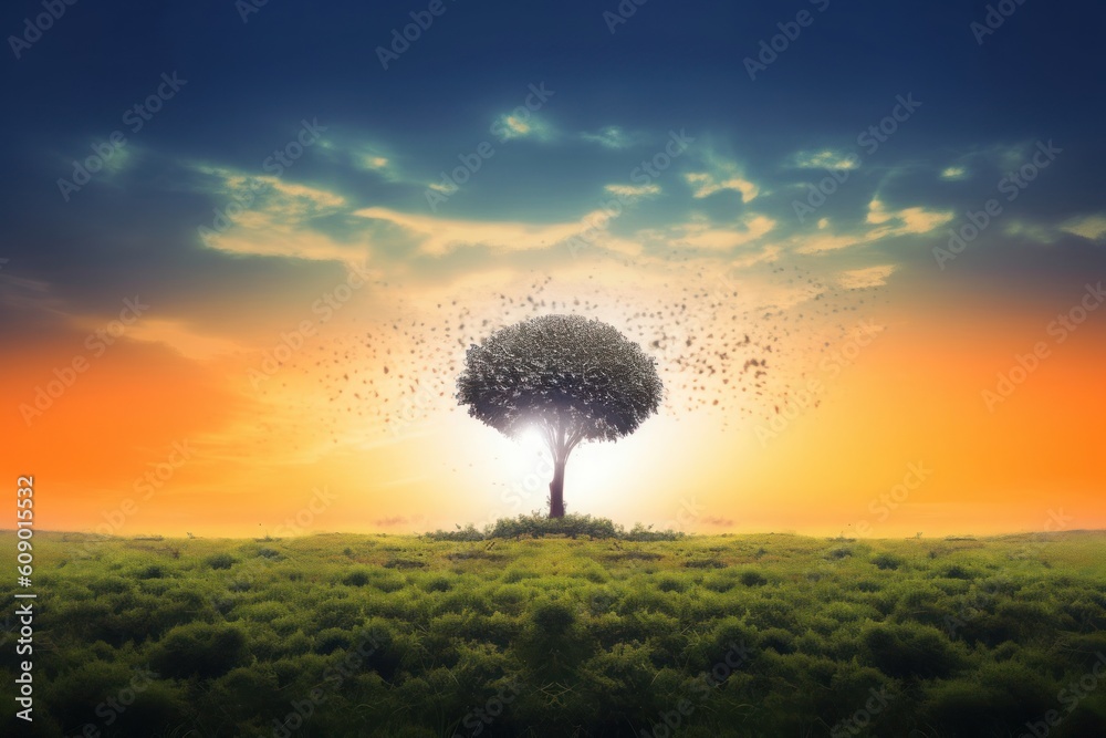 Wall mural world environment day concept: silhouette alone tree on beautiful meadow wallpaper background, gener