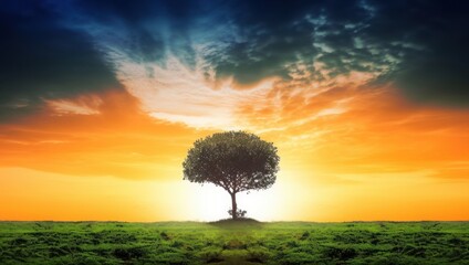 World environment day concept: Silhouette alone tree on beautiful meadow wallpaper background, Generative AI - obrazy, fototapety, plakaty