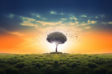 World environment day concept: Silhouette alone tree on beautiful meadow wallpaper background, Generative AI - obrazy, fototapety, plakaty