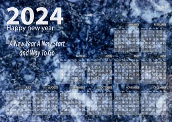 Natural black and gray and blue marble texture with 2024 year calendar