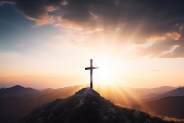 Christmas concept: The cross on mountain sunset background, Generative AI