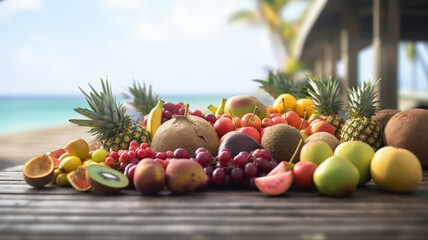 Tropical fruit with beach background .AI generative