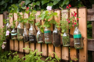 creative diy garden project with recycled materials, such as old bottles and cans, created with generative ai