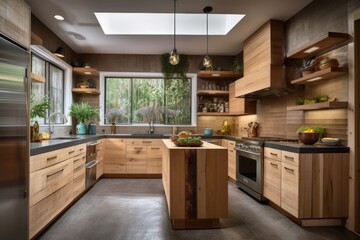 eco-friendly kitchen with energy-efficient appliances and natural materials, created with generative ai