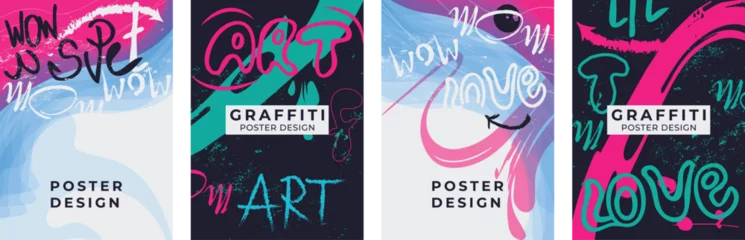 Foto op Plexiglas Set of posters in graffiti style. Vector drawing in abstract style, wall lettering, poster template. Design elements. © Ivan