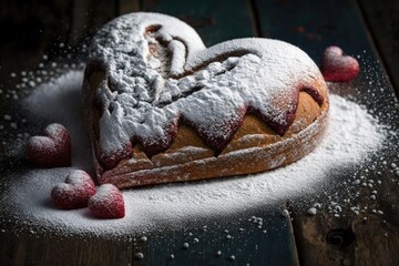 heart-shaped loaf with red berry filling, sprinkled with powdered sugar, created with generative ai