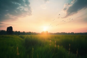 Sunrise sky background concept: sunset on green meadow and grass in the evening, Generative AI