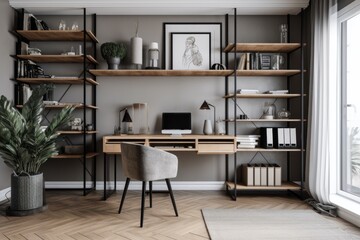Fototapeta na wymiar a minimalist home office with clean lines and modern decor, created with generative ai