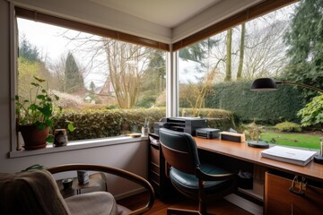 a cozy and well-equipped home office with a view of the garden or park, created with generative ai