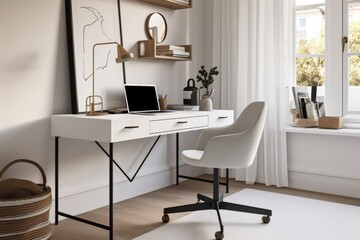 crisp and clean home office with sleek desk and chair, minimal decor, and natural light, created with generative ai