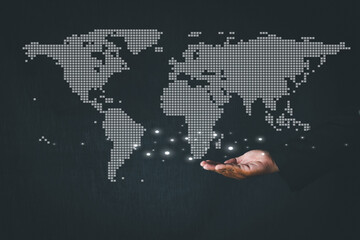 Global Business,World wild connection,Business Networking concept.,Businessman open hand with world interface over black background.
