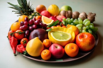 plate of colorful fruits and vegetables for a boost of immunity, created with generative ai