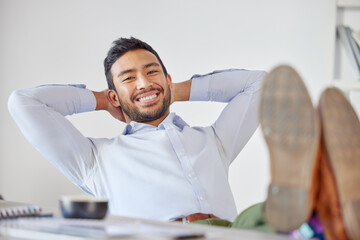 Relax, smile and portrait of business man at desk for pride, stretching and break. Happy, achievement and inspiration with male employee in office for mental health, professional and satisfaction