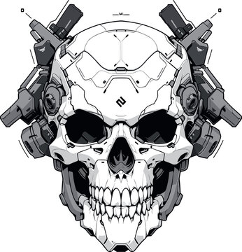 creepy mecha techno skull over white