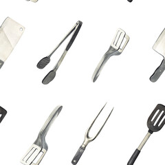 Watercolor seamless pattern elements grill, kitchen tools for cooking bbq: spatula,fork,tongs and knife grilling. Hand-drawn illustration isolated on white background.Perfect for menu cafe, restaurant