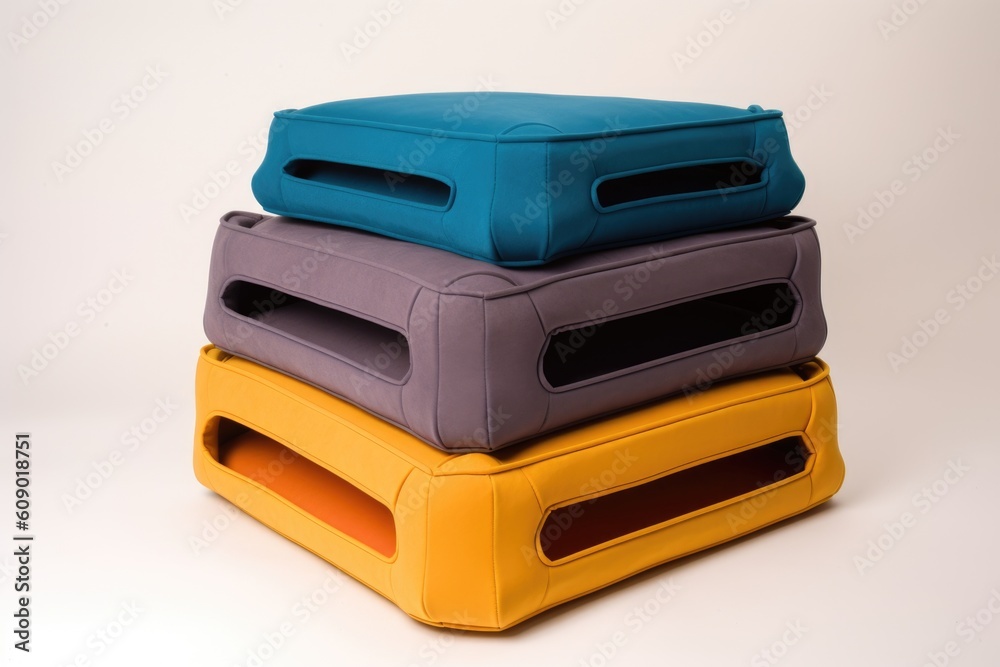 Poster stackable pet beds in different colors, shapes and sizes, created with generative ai